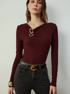 COMMENSE Cowl Neck Metal Decor Slim Blouse* Blouses & Shirts|Tops