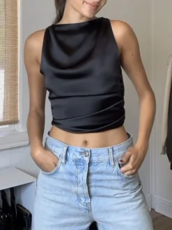 COMMENSE Cowl Neck Ruched Open Back Crop Top* Crop Tops|Tank Tops & Camis