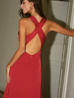 COMMENSE Cowl Neck Satin Back Cross Long Dress* Black Dresses|Cocktail & Party Dresses