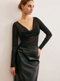 COMMENSE Cowl Neck Sequins Thin Blouse* Blouses & Shirts|Tops