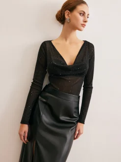 COMMENSE Cowl Neck Sequins Thin Blouse* Blouses & Shirts|Tops