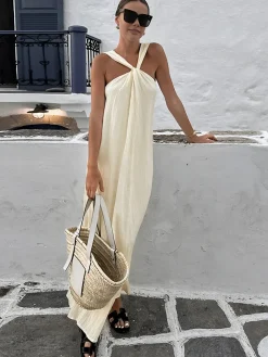 COMMENSE Creamy Halter Long Dress* Casual Dresses|Summer Dresses