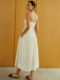 COMMENSE Creamy Zipper Pleated Midi Dress* Work Dresses|Vacation Dresses