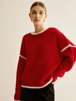 COMMENSE Crew Neck Contrast Binding Sweater* Sweater Tops|Sweaters & Cardigans
