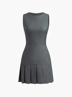 COMMENSE Crew Neck Pleated Zipper Plain Dress* Casual Dresses|Work Dresses