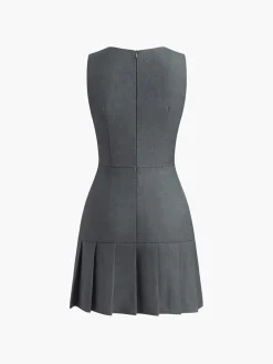 COMMENSE Crew Neck Pleated Zipper Plain Dress* Casual Dresses|Work Dresses