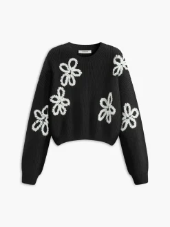COMMENSE Crew Neck Ribbed Floral Knit Top* Sweater Tops|Sweaters & Cardigans
