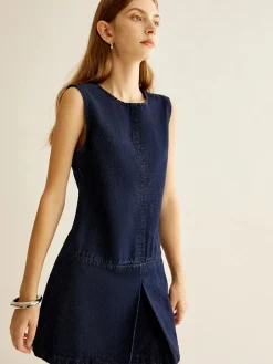 COMMENSE Crew Neck Sleeveless Denim Dress* Casual Dresses|Work Dresses