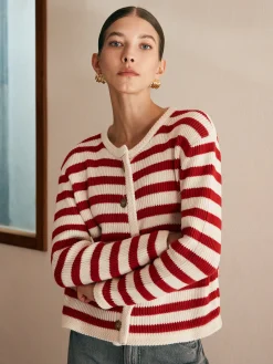 COMMENSE Crew Neck Striped Jersey Cardigan* Cardigans|Sweaters & Cardigans