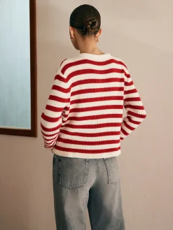 COMMENSE Crew Neck Striped Jersey Cardigan* Cardigans|Sweaters & Cardigans