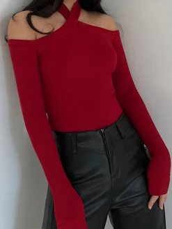 COMMENSE Criss Cross Cold-Shoulder Ribbed Top* T-shirts|Tops