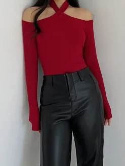 COMMENSE Criss Cross Cold-Shoulder Ribbed Top* T-shirts|Tops