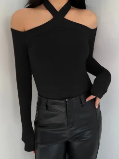 COMMENSE Criss Cross Cold-Shoulder Ribbed Top* T-shirts|Tops