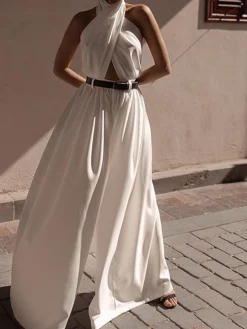COMMENSE Criss Cross Halter Backless Jumpsuit Without Belt* White Dresses|Jumpsuits & Rompers