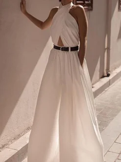 COMMENSE Criss Cross Halter Backless Jumpsuit Without Belt* White Dresses|Jumpsuits & Rompers