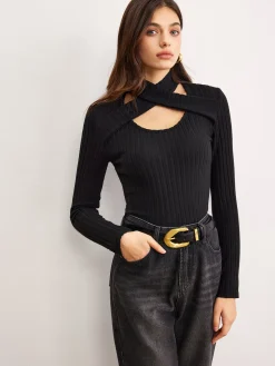 COMMENSE Criss Cross Neck Ribbed Top* T-shirts|Tops