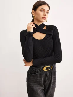 COMMENSE Criss Cross Neck Ribbed Top* T-shirts|Tops