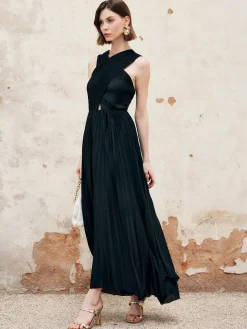 COMMENSE Criss Cross Pleated Long Dress* Black Dresses|Cocktail & Party Dresses
