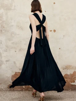 COMMENSE Criss Cross Pleated Long Dress* Black Dresses|Cocktail & Party Dresses