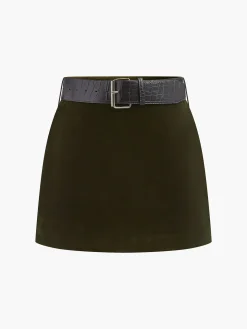 COMMENSE Crocodile Belted Velvet Mini Skirt* Skirts|Matching Sets