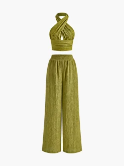 COMMENSE Cross Halter Plisse Pants Set* Pants Sets|Matching Sets