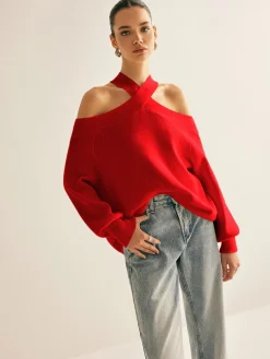 COMMENSE Cross-Over Collar Cold-Shoulder Sweater* Sweater Tops|Sweaters & Cardigans