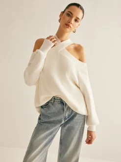 COMMENSE Cross-Over Collar Cold-Shoulder Sweater* Sweater Tops|Sweaters & Cardigans