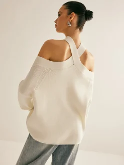 COMMENSE Cross-Over Collar Cold-Shoulder Sweater* Sweater Tops|Sweaters & Cardigans
