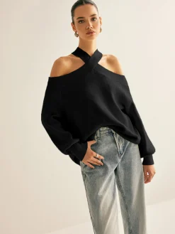 COMMENSE Cross-Over Collar Cold-Shoulder Sweater* Sweater Tops|Sweaters & Cardigans