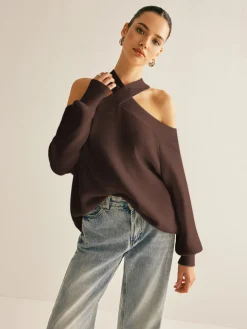 COMMENSE Cross-Over Collar Cold-Shoulder Sweater* Sweater Tops|Sweaters & Cardigans