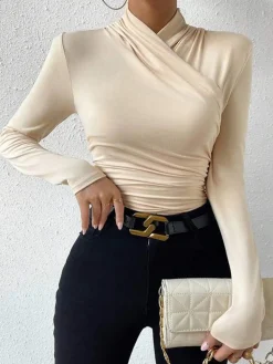 COMMENSE Cross-Over Collar Pleated Cinched T-Shirt* T-shirts|Tops