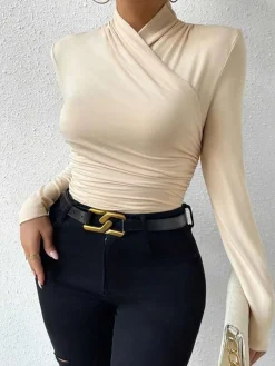 COMMENSE Cross-Over Collar Pleated Cinched T-Shirt* T-shirts|Tops