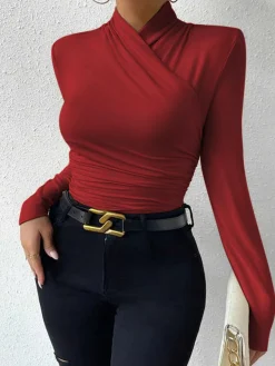 COMMENSE Cross-Over Collar Pleated Cinched T-Shirt* T-shirts|Tops