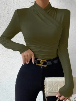 COMMENSE Cross-Over Collar Pleated Cinched T-Shirt* T-shirts|Tops