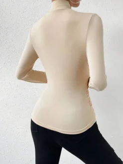 COMMENSE Cross-Over Collar Pleated Cinched T-Shirt* T-shirts|Tops