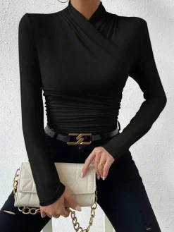 COMMENSE Cross-Over Collar Pleated Cinched T-Shirt* T-shirts|Tops