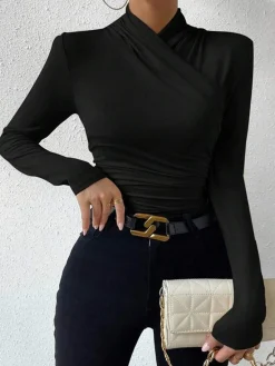 COMMENSE Cross-Over Collar Pleated Cinched T-Shirt* T-shirts|Tops