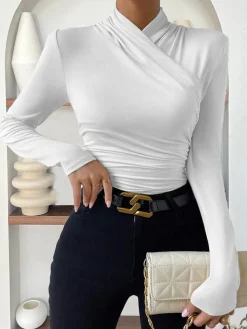COMMENSE Cross-Over Collar Pleated Cinched T-Shirt* T-shirts|Tops