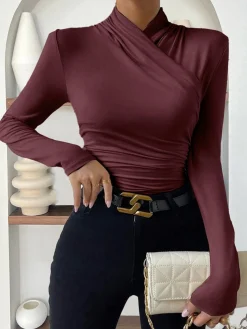 COMMENSE Cross-Over Collar Pleated Cinched T-Shirt* T-shirts|Tops