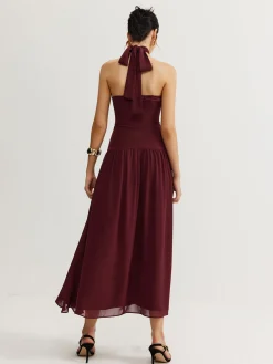 COMMENSE Cross-Over Halter Pleated Long Dress* Cocktail & Party Dresses|Vacation Dresses