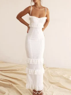 COMMENSE Cup Detail Layered Ruffle Eyelet Long Dress* White Dresses|Casual Dresses