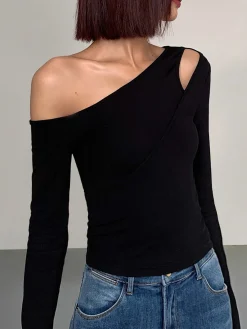 COMMENSE Cut Out Asymmetric Off Shoulder Slinky Long Sleeve Shirt* T-shirts|Tops