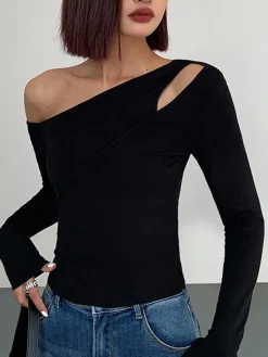 COMMENSE Cut Out Asymmetric Off Shoulder Slinky Long Sleeve Shirt* T-shirts|Tops