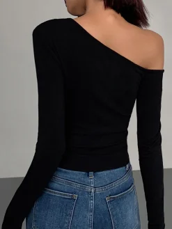 COMMENSE Cut Out Asymmetric Off Shoulder Slinky Long Sleeve Shirt* T-shirts|Tops