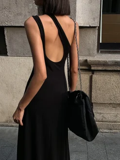COMMENSE Cutout Backless Long Knit Dress* Black Dresses|Sweater Dresses