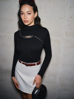 COMMENSE Cutout Beaded Slim Ribbed Sweater* Sweater Tops|Sweaters & Cardigans