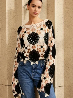 COMMENSE Cutout Crochet Flower Sweater* Sweater Tops|Sweaters & Cardigans
