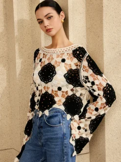 COMMENSE Cutout Crochet Flower Sweater* Sweater Tops|Sweaters & Cardigans