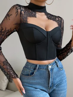 COMMENSE Cutout Lace Panel Corset Blouse* Corset Tops|Blouses & Shirts