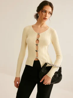 COMMENSE Cutout Metal Button Knit Top* Sweater Tops|Sweaters & Cardigans